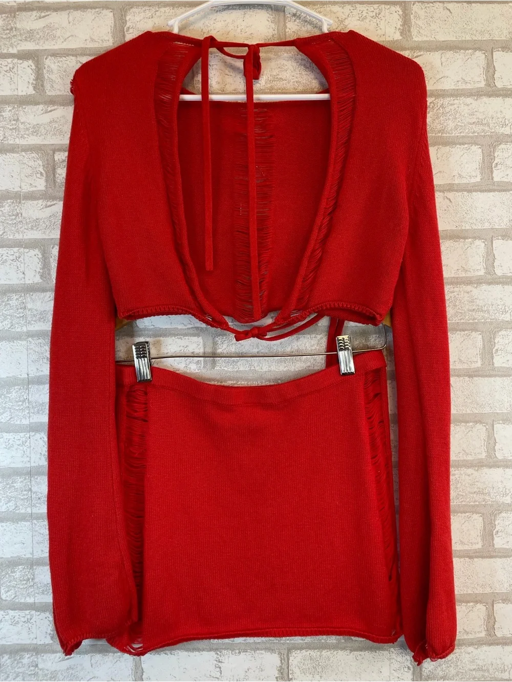 Lucy in the Sky Red Distressed Knit Two-Piece Dress Set Size L NWOT